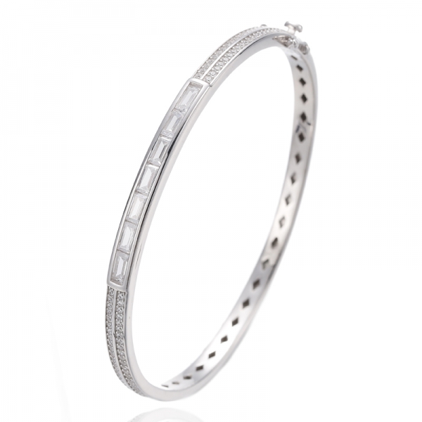 Brazalete Baguette Y Circón Cúbico Blanco Redondo En Plata Rodiada 