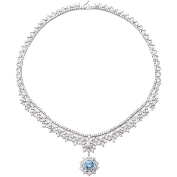 Collar de plata rodiada con circonita cúbica azul y blanca de diamante redondo 925 