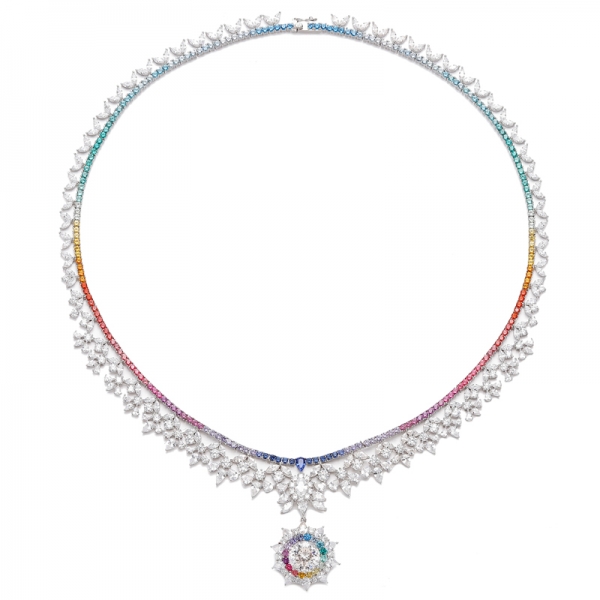 Collar de plata rodiada con circonita cúbica azul y blanca de diamante redondo 925 