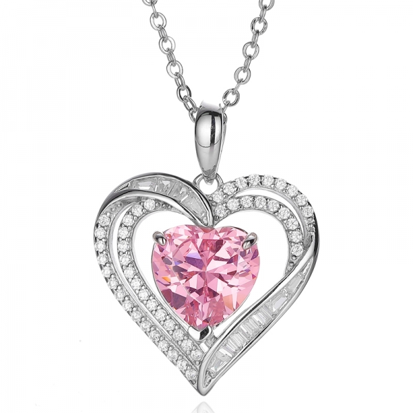 Colgante de plata rodiada con circonita cúbica rosa y blanca y diamante en forma de corazón 