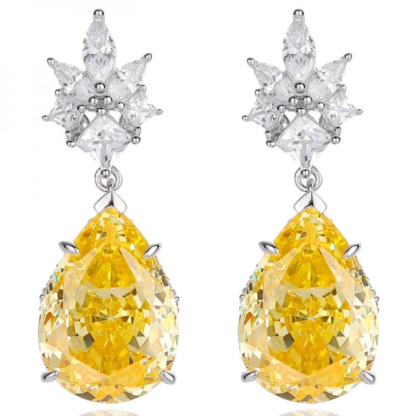 Pear Shape Diamond Yellow And White Cubic Zircon Rhodium Silver Earring 