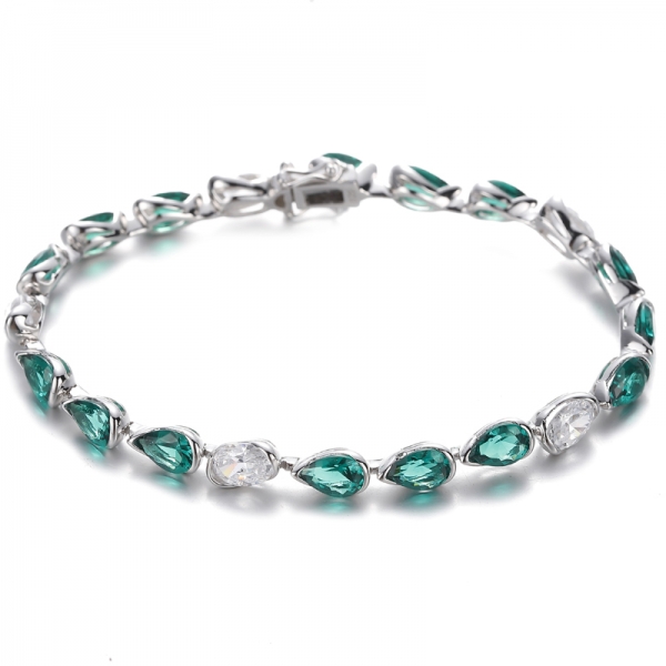 Pulsera de plata rodiada con circonita cúbica blanca y forma ovalada, nano verde, forma de pera 