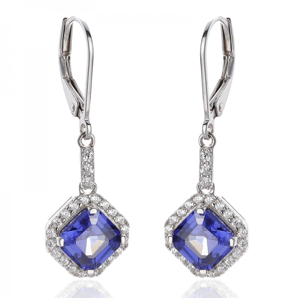 Asscher Tanzanite And Round White Cubic Zircon Rhodium Silver Earring 