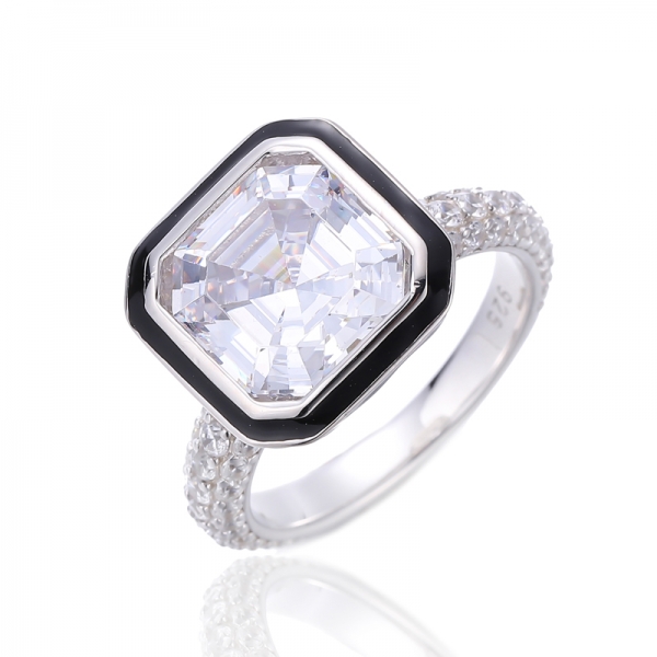 Anillo Asscher Y Circón Cúbico Blanco Con Esmalte Negro En Plata Rodiada 