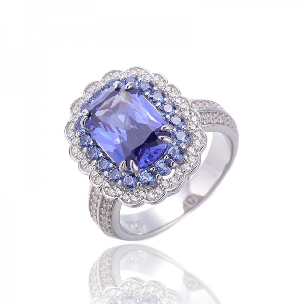 Anillo de plata con nano rodio y circonita cúbica de tanzanita cojín y tanzanita 
