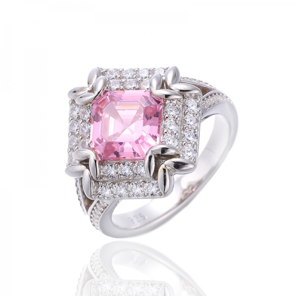 Anillo Asscher de plata rodiada con circonita cúbica blanca redonda y rosa 