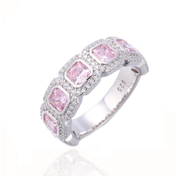 Anillo de plata rodiada con circonita cúbica blanca redonda y rosa con diamantes octágonos 