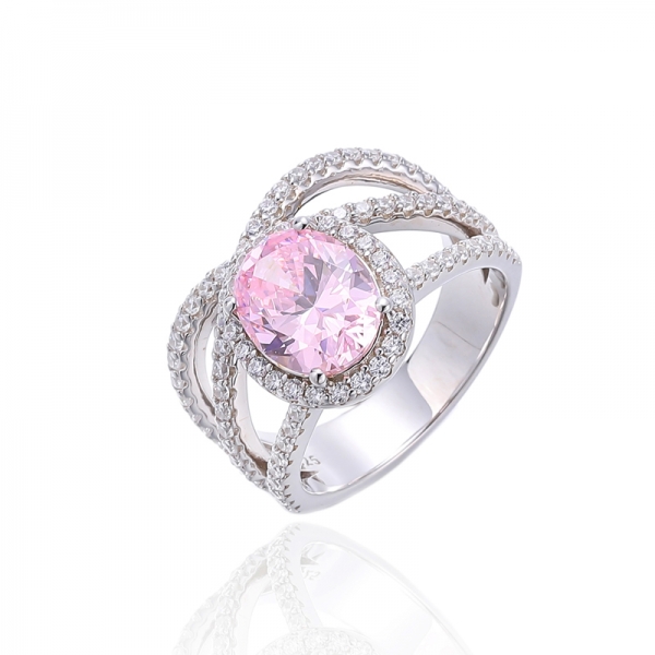 Anillo de plata rodiada con circonita cúbica blanca redonda y rosa de diamante de forma ovalada 