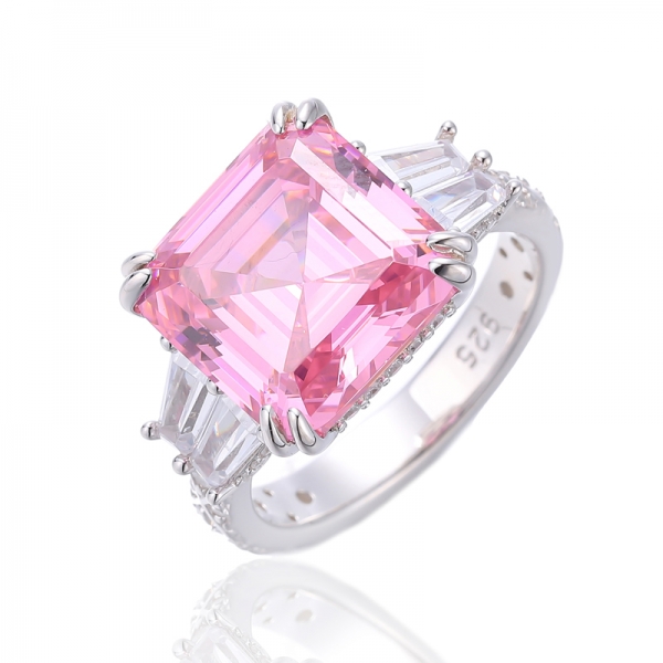 Anillo Asscher de plata rodiada con circonita cúbica rosa y blanca 