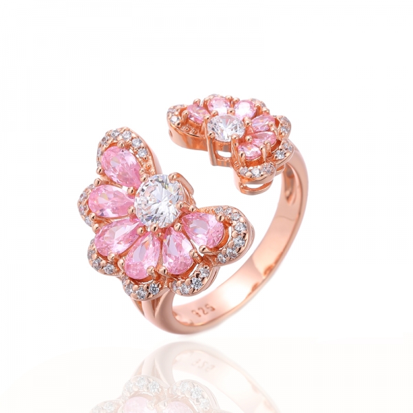 Anillo abierto de plata con circonita cúbica blanca redonda y rosa en forma de pera con chapado en oro rosa 