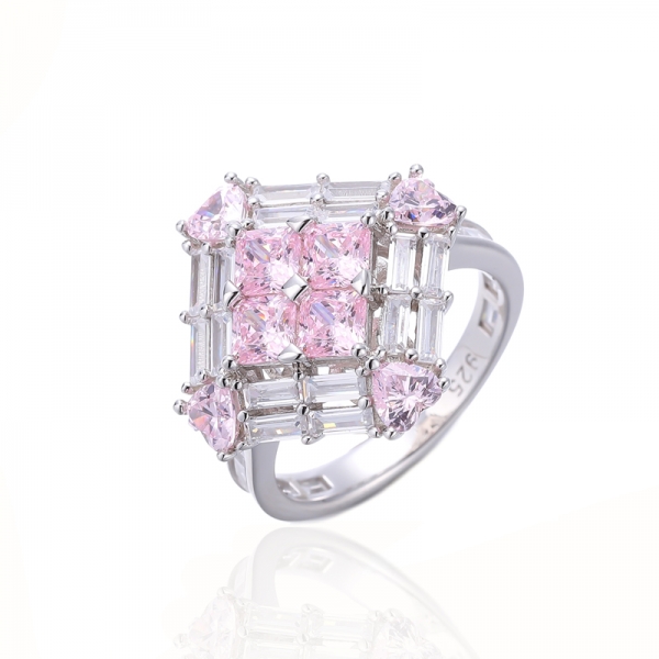 Octagon Diamond Pink And Baguette White Cubic Zircon Rhodium Silver Ring 