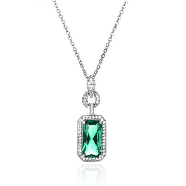 Octagon Green Nano And Round White Cubic Zircon Rhodium Silver Pendant 