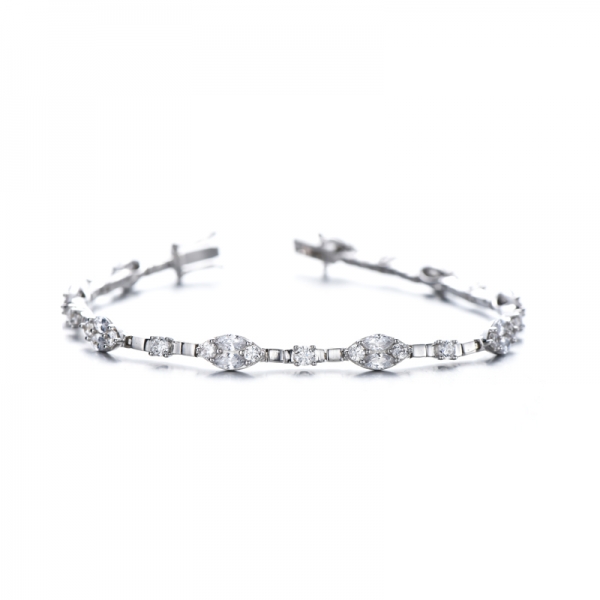 Pulsera de plata rodiada con circonita cúbica blanca redonda y nano verde con forma de marquesa 