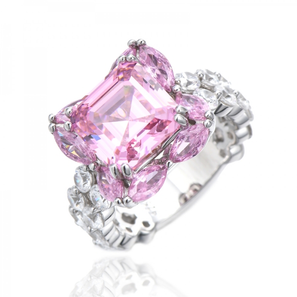 Anillo Asscher de plata rodiada con circonita cúbica blanca redonda y rosa 