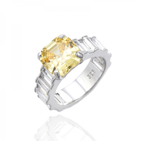 Anillo Asscher Canario Y Baguette Con Circón Cúbico Blanco En Plata Rodiada 