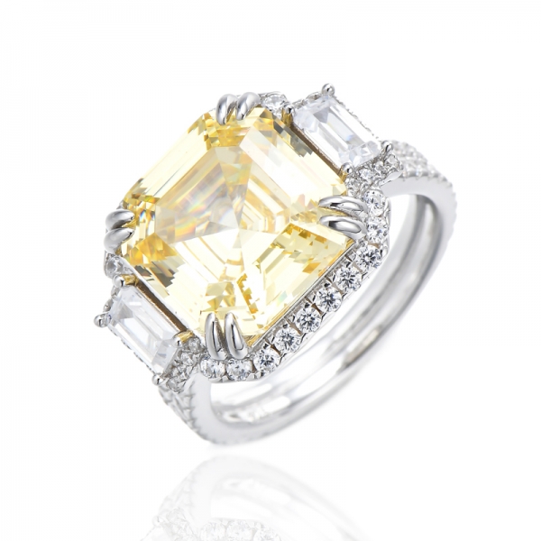 Anillo Asscher de plata rodiada con circonita cúbica blanca y canaria 