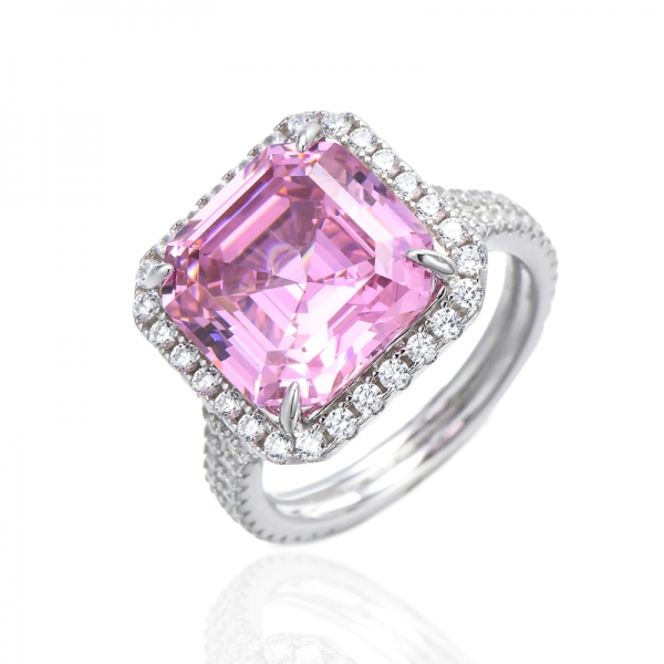 Anillo Asscher de plata rodiada con circonita cúbica blanca redonda y rosa 