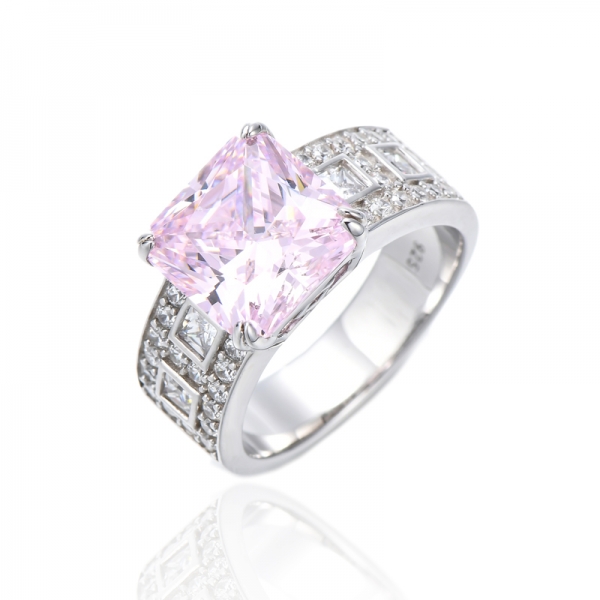 Anillo de plata rodiada con circonita cúbica rosa y blanca de diamantes octágonos 