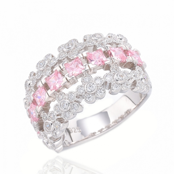 Anillo cuadrado de plata rodiada con circonita cúbica blanca redonda y rosa 