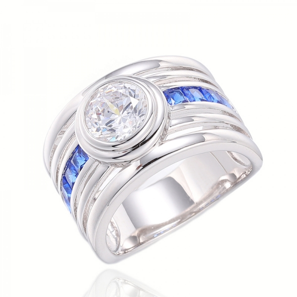 Anillo cuadrado de plata rodiada con circonita cúbica blanca y nano azul cuadrado 