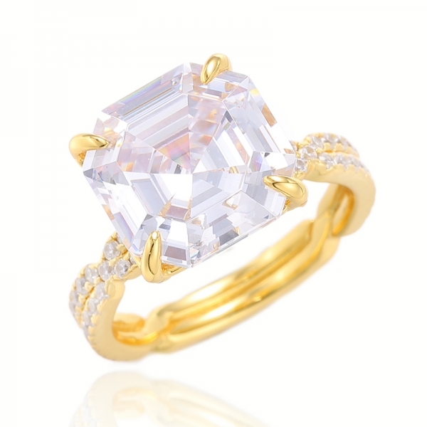 Anillo Asscher de plata rodiada con circonita cúbica blanca redonda y rosa 