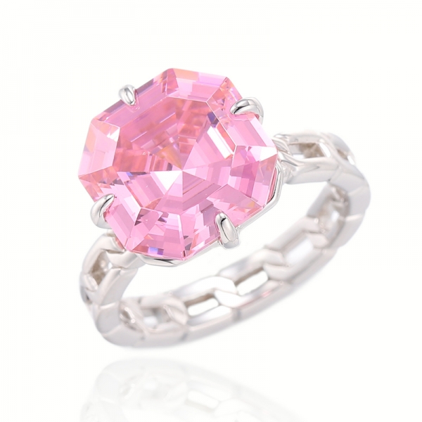 Anillo de plata rodiada con circonita cúbica rosa Asscher 925 