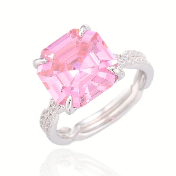 Anillo Asscher de plata rodiada con circonita cúbica blanca redonda y rosa 