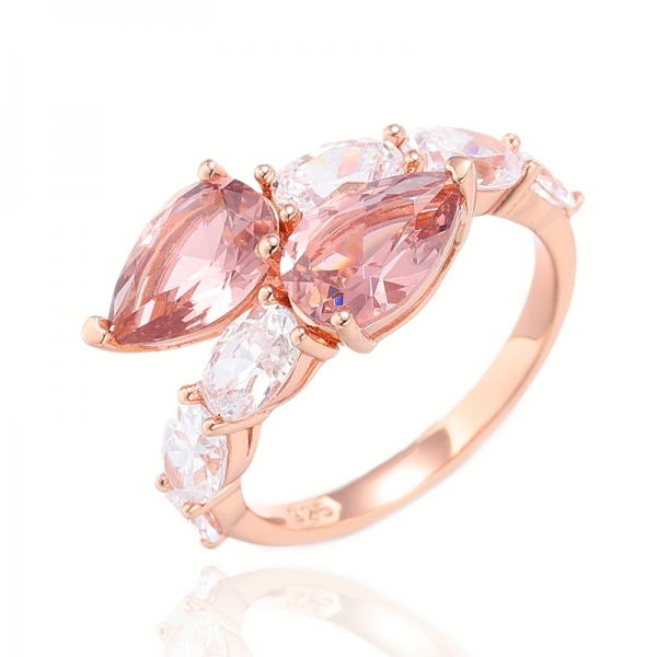 Anillo de plata con circonita cúbica nano y blanca de morganita en forma de pera 925 con chapado en oro rosa 