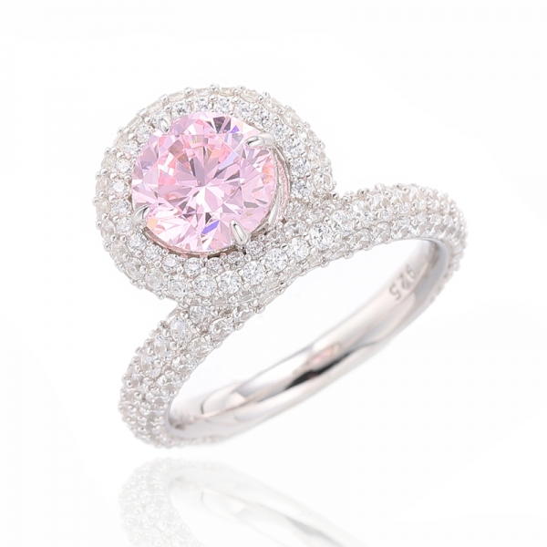 Anillo de plata rodiada con circonita cúbica blanca redonda y rosa con diamantes redondos 