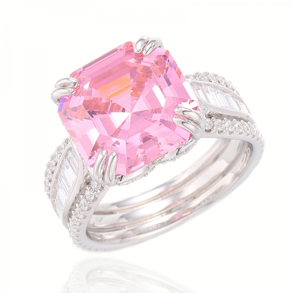 Anillo Asscher de plata rodiada con circonita cúbica blanca rosa y baguette 