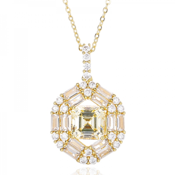 Colgante de plata con circonita cúbica blanca canaria y baguette de talla Asscher y chapado en oro 