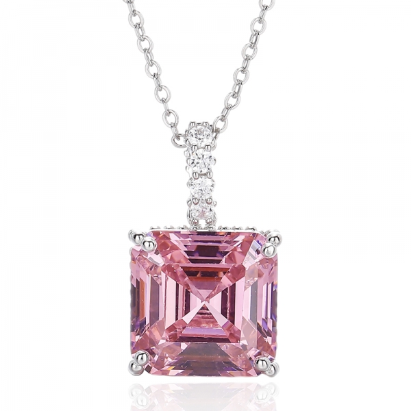 Colgante Asscher de plata rodiada con circonita cúbica blanca redonda y rosa 