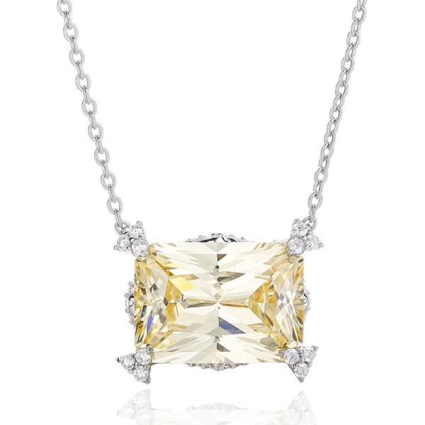 Colgante de plata rodiada con circonita cúbica blanca redonda y diamante octágono amarillo 