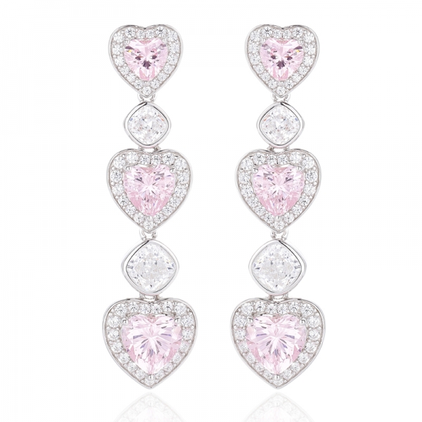 Pendiente de plata rodiada con circonita cúbica blanca y diamante en forma de corazón, color rosa y cojín 