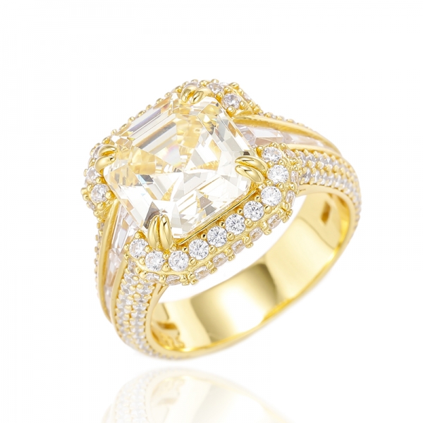 Anillo Asscher Canario Y Baguette De Plata Amarilla Con Baño De Oro 