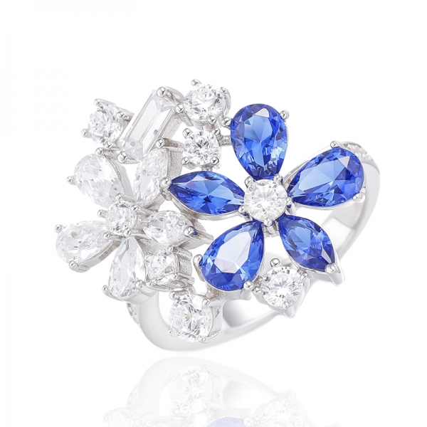 Nano azul en forma de marquesa y pera con anillo de plata chapado en rodio con circonita cúbica blanca 