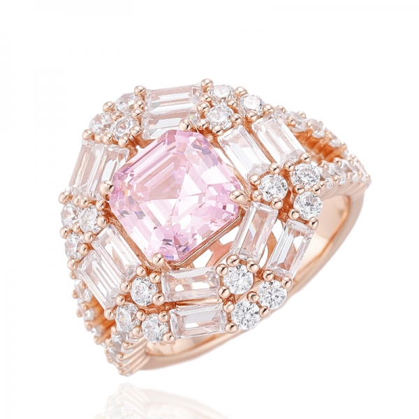 Anillo Asscher de plata rosa y baguette blanco con baño de oro rosa 