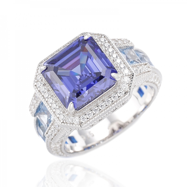 Anillo Asscher de tanzanita con circonita cúbica y espinela azul cuadrada en plata rodiada 