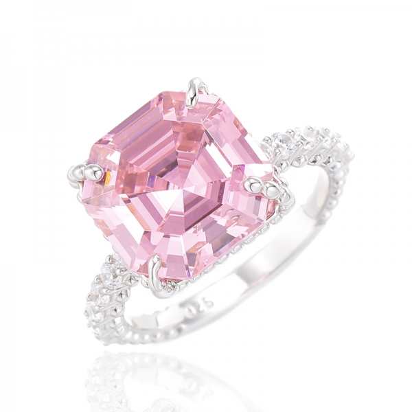 Anillo Asscher de plata con baño de rodio y circonita cúbica blanca redonda y rosa 