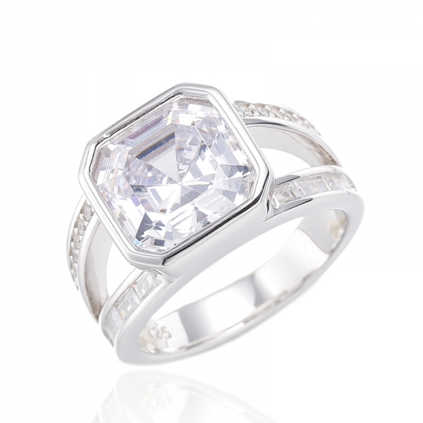 Anillo Asscher And Baguette de plata con baño de rodio y circonita cúbica blanca 