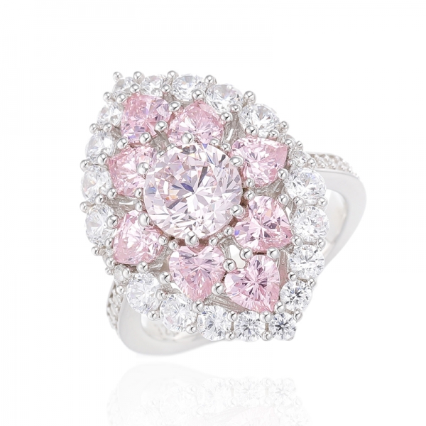 Anillo de plata rodiada con circonita cúbica rosa en forma de corazón y diamante redondo rosa 