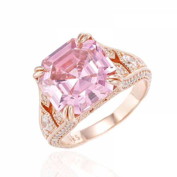 Anillo de plata con circonita cúbica blanca redonda y rosa Asscher 925 con chapado en oro rosa 