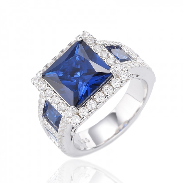 Anillo Cuadrado De Plata Con Baño De Rodio Nano Azul Y Espinela Azul 