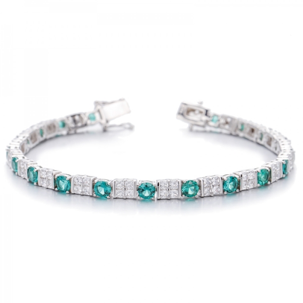 Pulsera redonda de plata rodiada con circonita cúbica blanca nano y octágono verde 