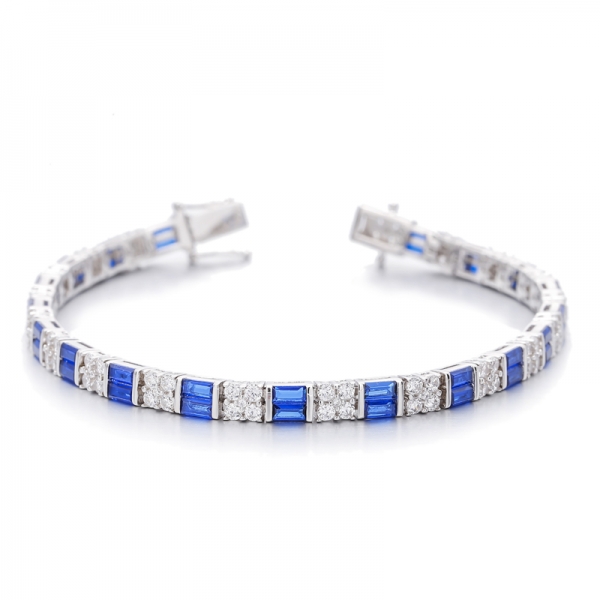 Pulsera Baguette Nano Azul Y Circonita Cúbica Blanca Redonda En Plata Rodiada 