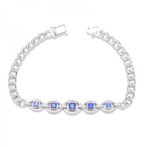 Pulsera cuadrada de plata rodiada con circonita cúbica blanca y nano azul cuadrada 