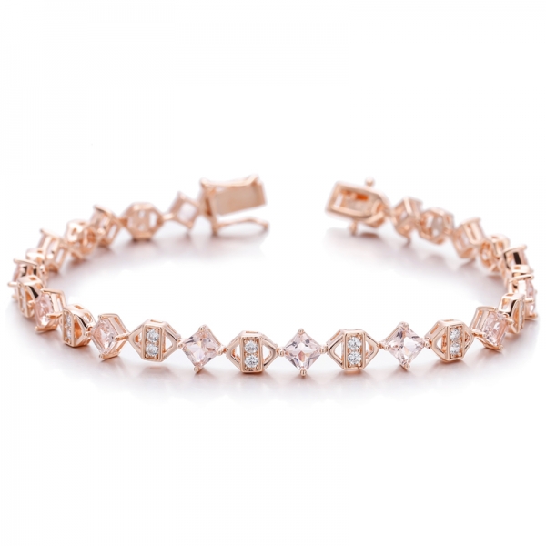 Pulsera de plata con circonita cúbica blanca redonda y nano morganita octagonal con baño de oro rosa 