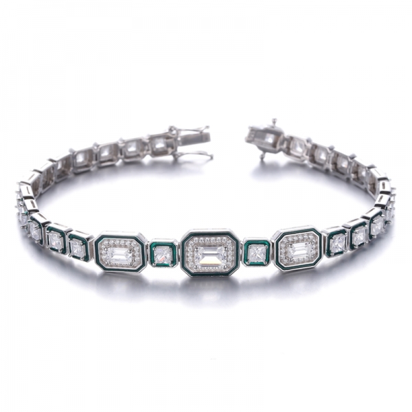 Pulsera de plata rodiada con circonitas blancas cuadradas y talla esmeralda y esmalte verde 