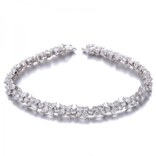 Pulsera de plata rodiada con circonita cúbica blanca en forma de marquesa y pera 