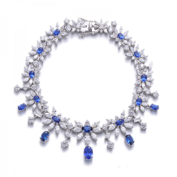 Pulsera de plata rodiada con circonita cúbica blanca nano azul y marquesa de forma ovalada 